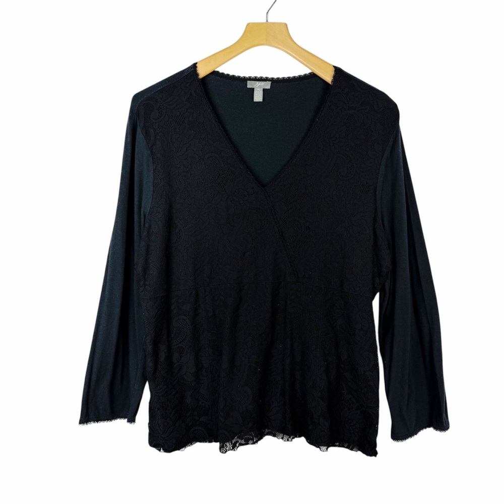 J Jill Floral Lace Overlay Black Long Sleeve Shirt Size XL